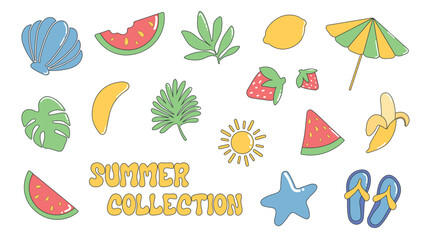 A collection of vector illustrations on the theme of summer, including fruits, marine elements, tropical leaves and beach attributes. It is ideal for creating summer designs, postcards, stickers. A se