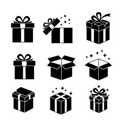 Gift box icons in minimal black and white, with ribbons and sparkle effects.

