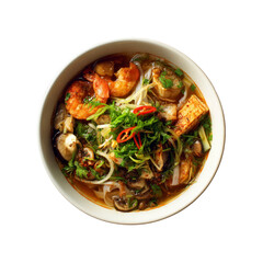 Delicious Spicy Seafood and Tofu Noodle Soup in White Bowl