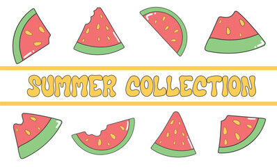 A set of vector illustrations with cartoon watermelon pieces for summer design. Illustrations with watermelons of different shapes and bites in vector format