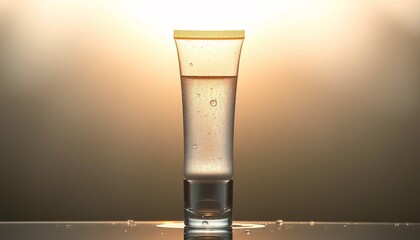 Illuminated gel cleanser tube in a clear container standing upright on glass with water droplets and mist