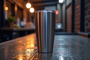 Stainless steel tumbler on concrete background, condensation details, minimalist branding mockup
