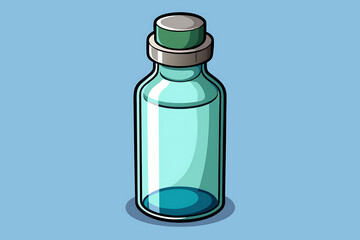 Obraz premium Cartoon illustration of a glass bottle with a metal cap and turquoise liquid on a blue background