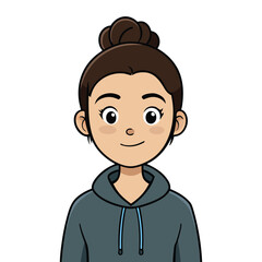 A woman with a messy bun and casual hoodie, looking relaxed and comfortable on a clean white background.