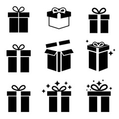 Gift box icons in minimal black and white, with ribbons and sparkle effects.

