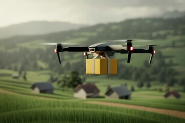 Aerial drone delivering package over rural landscape with houses, hills, and green fields in the background