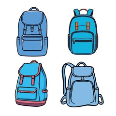 Vector art of four different blue backpacks are shown in a vector illustration isolated on white background
