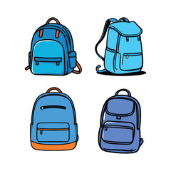 Vector art of four different blue backpacks are shown in a vector illustration isolated on white background