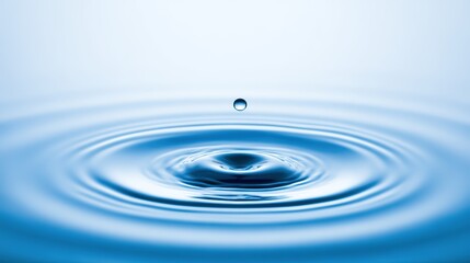 Close-Up of Water Droplet Falling into Calm Blue Waters, Creating Ripples and Circular Patterns on a White Background.