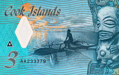 3 Dollars Banknote of the Cook Islands with the image of Carving of Tangaroa (God of the sea) and a...