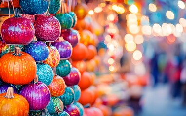 Fototapeta premium Vibrant Glittery Pumpkins Autumn Festival Display