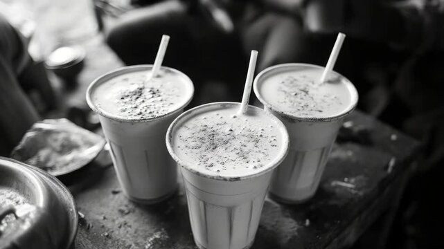 Three delightful milkshakes with straws, perfect for a hot summer day or anytime you want a sweet treat.
