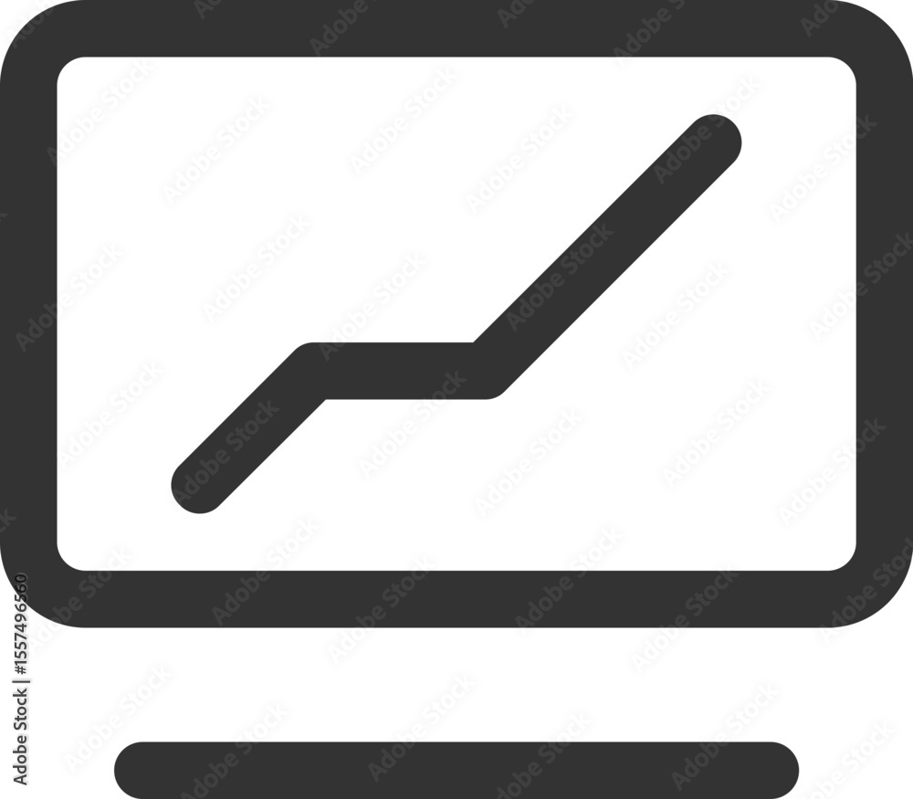 Poster a simple icon of a monitor displaying an upward trending line graph on a dark gray background screen