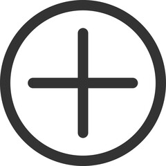 A simple plus sign inside of a circle with rounded edges in dark gray color on a white background view