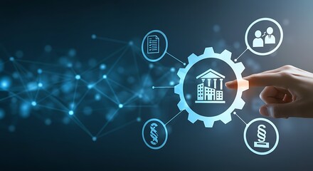 Digital transformation of financial institutions, visualized with interconnected icons and a hand interacting with a central gear.