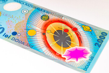 2000 Lei Romania, 1999 with a simplified Solar System and a solar eclipse. Polymer money of Romania...