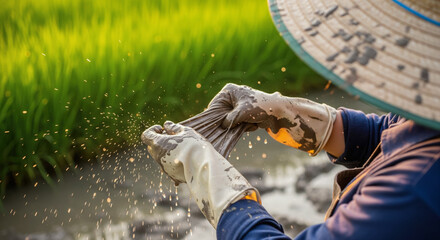 Farmer wearing gloves is preparing rice seedlings in a lush green field, showcasing the agricultural process and connection to nature in rice cultivation