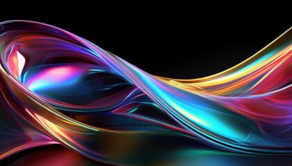 Naklejka premium abstract fluid iridescent holographic curved wave in motion colorful gradient design on black background dark holographic iridescent neon fluid background in curved glass waves ideal for banners