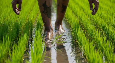 Person walking barefoot through lush green rice paddies, surrounded by vibrant water reflections, showcasing the beauty of rice agriculture and connection to nature