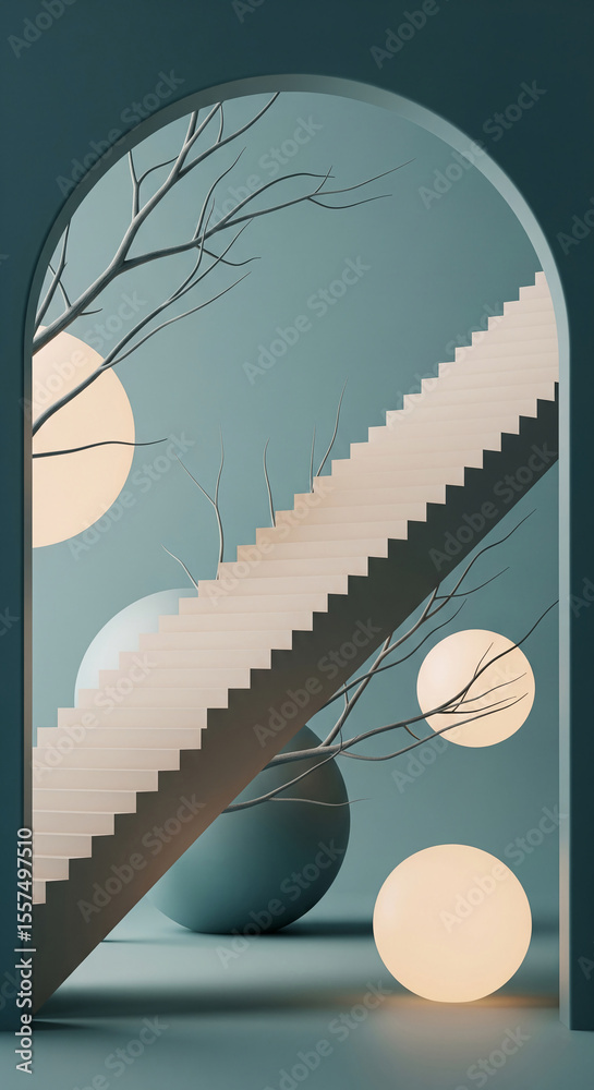 Poster beige staircase ascending within an arched teal-walled scene, adorned with bare branches and luminou
