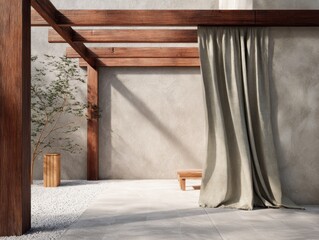 A wooden structure with a curtain hanging over it. There is a bench in front of the curtain