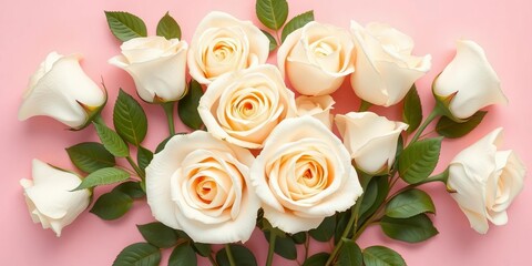 Elegant white roses arranged on a soft pink background, festive floral card design,  celebration,  card