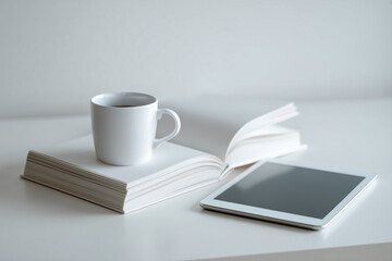 Minimalist photo of a computer science book, coffee mug, and tablet with a clean screen, placed on a white desk