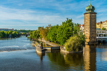 A view down the side of the Legion park from the Legion Bridge in Prague in springtime