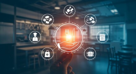 A glowing hand holding food icons, representing culinary concepts, with a blurred restaurant background.