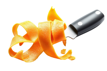 The rhythmic dance of orange zest cascading from a sleek modern knife promising vibrant on transparent background