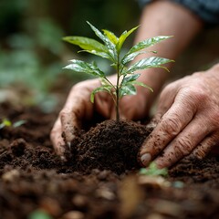 Planting a Tree Sapling: Hands Gently Placing a Young Plant in Soil