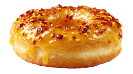 Delicious donut topped with yellow icing and red sprinkles. transparent background
