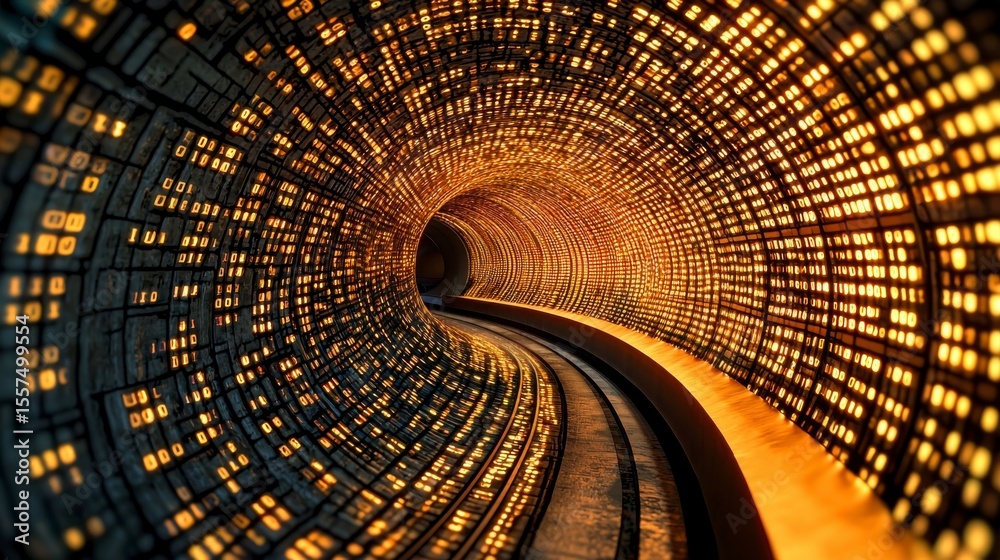 Poster digital data tunnel: a striking visual of a data tunnel with glowing lights, representing the comple