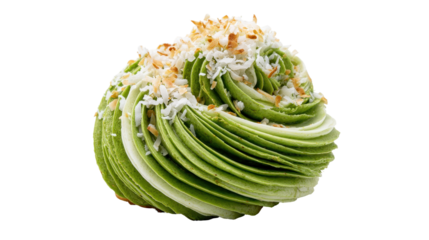 Beautifully arranged dessert with green layers and coconut topping. transparent background