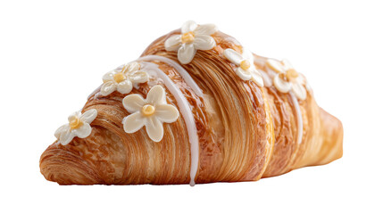 Decorative pastry croissant with floral accents and icing. transparent background