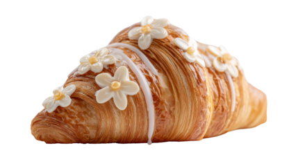 Decorative pastry croissant with floral accents and icing. transparent background