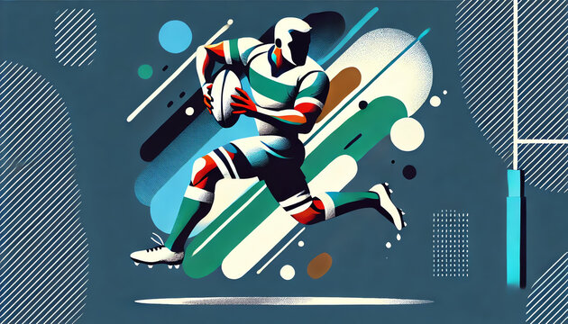 An abstract, vibrant illustration of a rugby player in action, depicted in a bold and minimalistic style