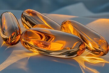 Close-up of golden fish oil softgels, with sunlight creating a warm glow on the surface, emphasizing their texture and color. The background is blurred to focus attention on the.