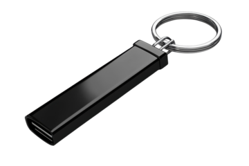 Sleek black USB drive attached to a metal keyring a modern essential tool for data transfer on transparent background