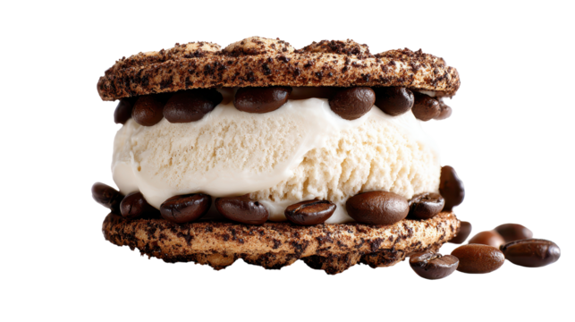 Delicious coffee ice cream sandwich with chocolate cookies. transparent background