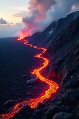 Fototapeta premium Fiery Lava Flow Dramatic Volcanic Eruption in Hawaiis Rugged Landscape