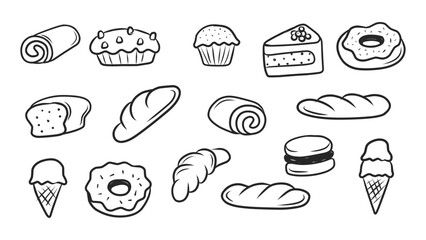Assortment of Hand-Drawn Pastry, Bread, and Dessert Doodle Icons in Outline Style
