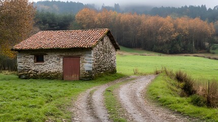 Fototapeta premium Rustic Stone Barn Autumn Landscape Countryside