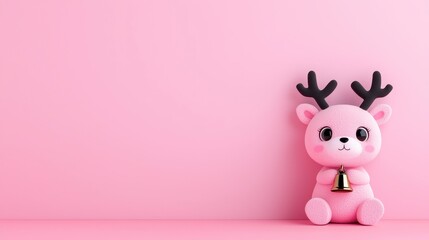 3D pastel colored chubby cute kawaii minimalist Cute Cartoon Reindeer Dog Holding a Bell on pastel colored random color themed 4th of july. Adorable tiny reindeer puppy festive july