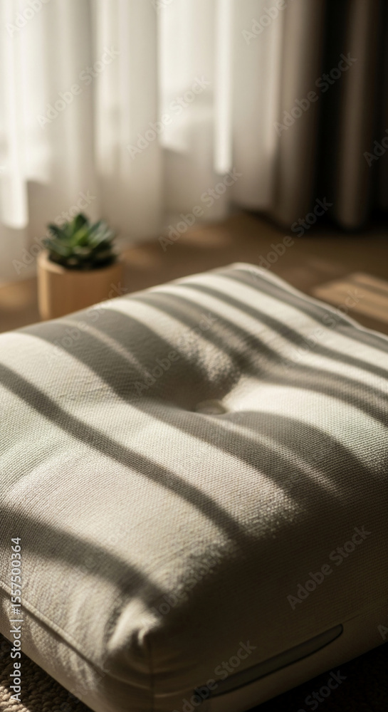 Poster off-white cushion texture, sunlight creating vertical stripes, simple design, conveys calmness and s