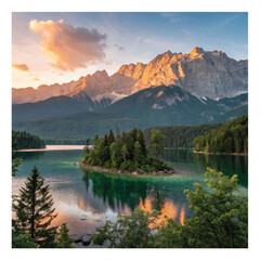 Impressive summer sunrise on Eibsee lake with Zugspitze mountain range. Sunny outdoor scene in German Alps, Bavaria, Germany, Europe. Beauty of nature 