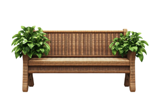 Serene woven bench adorned with verdant plants a tranquil escape ideal for quiet reflection in on transparent background