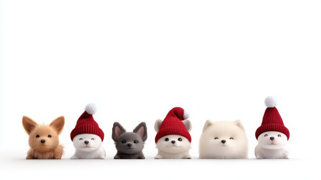 3D pastel colored chubby cute kawaii minimalist Watercolor art of six dogs in holiday attire. Concept of pets Christmas festive season celebration. Isolated on white background on pastel