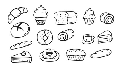 Assortment of Hand-Drawn Pastry, Bread, and Dessert Doodle Icons in Outline Style