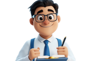 Businessman holding a pen and notebook 3D CARTOON CHARACTER ON WHITE BACKGROUND